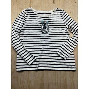 Talbots Women's L Top Navy Striped Long Sleeve Shirt Embroidered Penguin Holiday